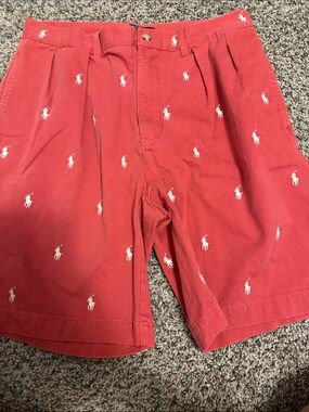 Polo by Ralph Lauren Coral Red Embroidered Polo Player Flat Front Shorts